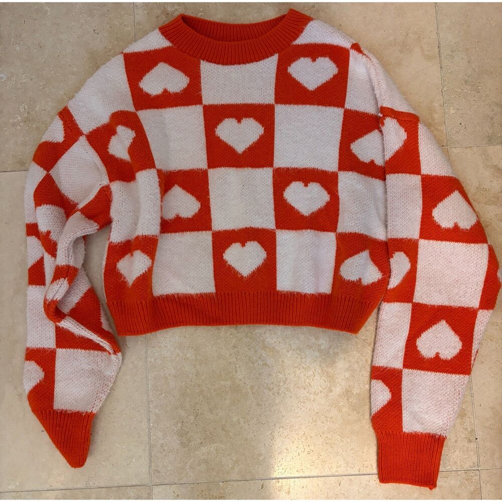 Topshop Orange and White Heart Sweater cropped longsleeve knit